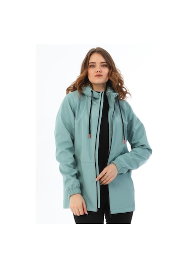 Kadın Astarlı Su Geçirmez Ve Rüzgara Dayanıklı Kapüşonlu Iç Cepli Yağmurluk - Rüzgarlık Mint Yeşil