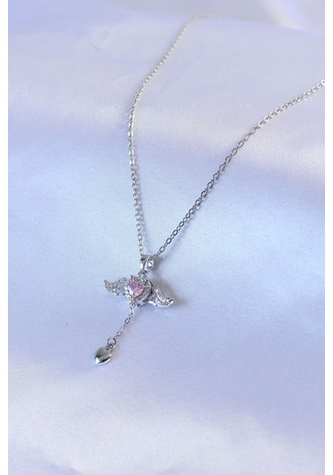 316l Çelik Gümüş Renk Kanatlı Kalp Figür Zirkon Taş Detay Kadın Kolye Gümüş