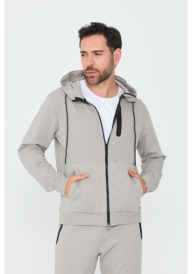 White Stone Bej Kapüşonlu Fermuarlı Erkek Sweatshirt Khaık