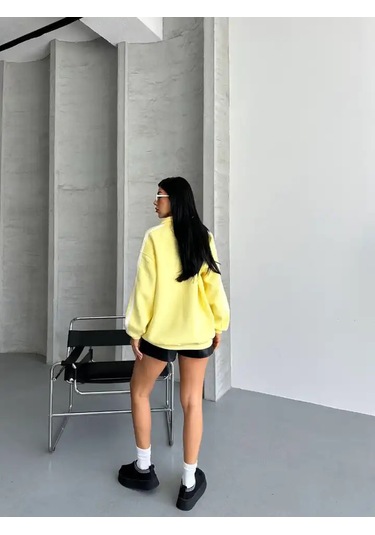 Yarım Fermuarlı Newyork Yazılı Sweat Sarı