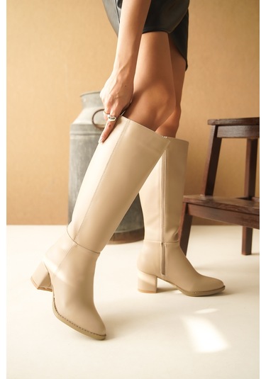 Morena Nude Deri Topuklu 5 Cm Topuklu Yanı Fermuarlı Günlük Kullanım Çizme Nude