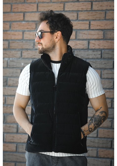 Lordy Örgü Detaylı Cepli Dik Yaka Nova Parlak Kumaş Erkek Şişme Yelek Siyah