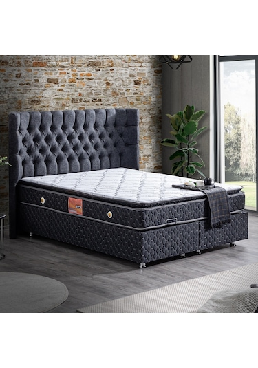 Setaymobilya Baza, Platinium Antrasit Mdf Baza +Başlık + Real Pedli Yatak