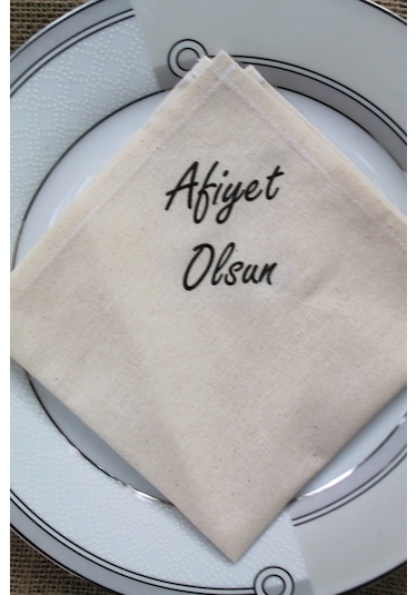 6 Adet Afiyet Olsun Yazılı Doğal Keten Servis Sunum Peçetesi