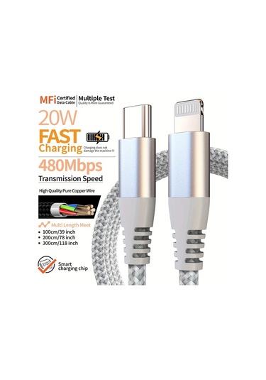 Honeybeeshop 3 Adet Simli Gri Type Cden Lightning Kablo 20w Pd Hızlı Şarj İphone Uyumlu 14 13 12 İçin Mfi Sertifikalı 3lü Paket 1m