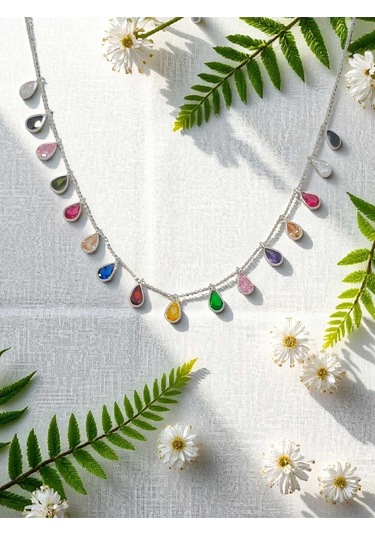 Rengarenk Damla Kesim Taşlı 925 Ayar Gümüş Kolye Şık Ve Işıltılı Tasarım Gümüş