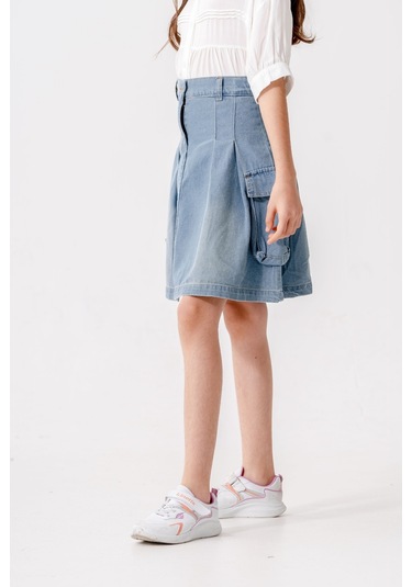 Kız Çocuk Pileli Körük Cepli Kot Etek 2604 Tint Mavi