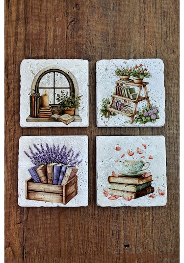 Doğal Taş Bardak Altlığı - Doğa & Kitap Temalı Stone Coasters Çok Renkli