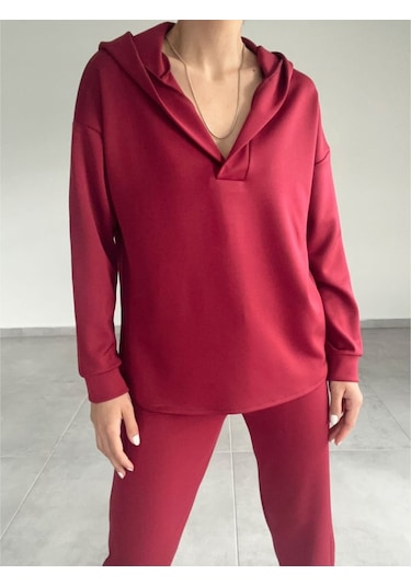 Lucky Life Kadın Uzun Kol V Yaka Kapüşon Detay Sweat Ve Yüksel Bel Eşofman Ikili Takım 001