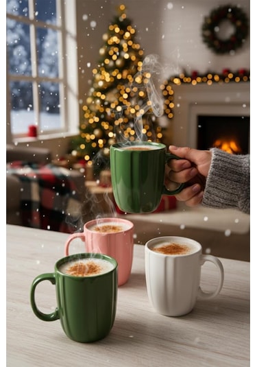 Rüzgar Seramik Kupa 3'lü Set Pembe Yeşil Beyaz Kahve Çay Kupası 300 Ml 10 Cm Renkli