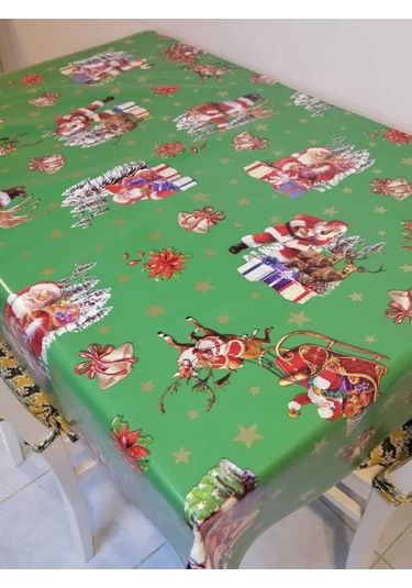 Yeni Yıl Desenli Elyaflı Pvc Muşamba - Silinebilir Masa Örtüsü Yeşil
