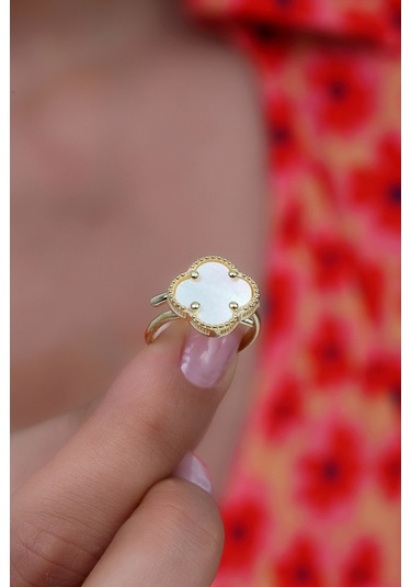 14k Altın Kaplamalı 925 Ayar Gümüş Granada Saray Yoncası Yüzük - Sedef Beyaz 34025203 Altın