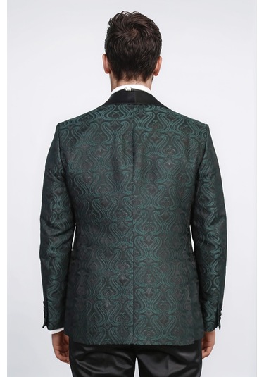 Dalgalı Desenli S Al Yaka Yelekli Yeşil Smokin - Wessi Yeşil