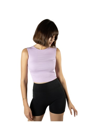 Lila Fitted/vücuda Oturan Crop Halter Yaka Fitilli Esnek Örme Bluz Atlet LILA