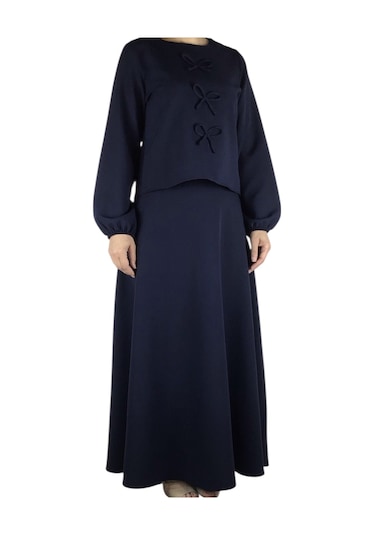 Kadın Spor Önden Kurdela Modelli Kolağzı Lastikli Etek Yandan Fermuarlı Etek Mevlana Model İkili Takım Lacivert