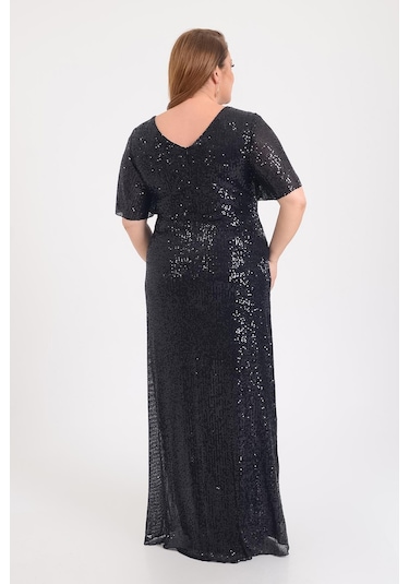 Lilas Xxl Kadın Büyük Beden Pul Payetli V Yaka Uzun Abiye Elbise 9646 Siyah Siyah