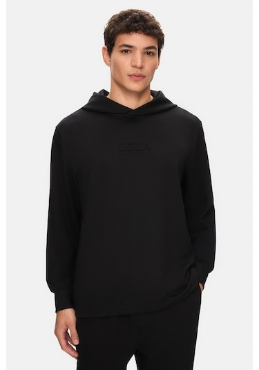 Ucla Wınfrey Siyah Kapüşonlu Gofre Baskı Standard Fit Erkek Sweatshirt Siyah