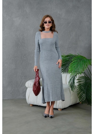 Kadın Bisiklet Yaka Tül Detay Maksi Boy Fitilli Triko Elbise Gri