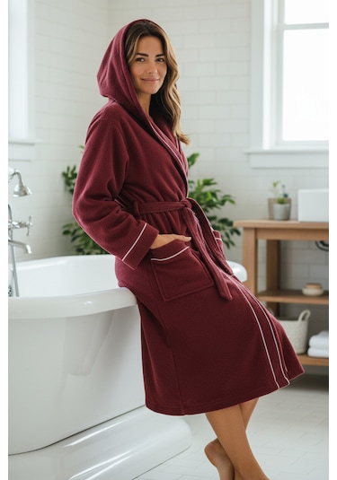 % 100 Pamuklu Laodikeia Kapşonlu Unisex Kadın Erkek Bornoz Bordo