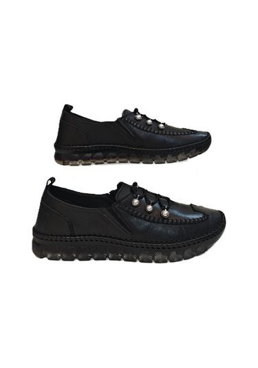 Voyager 9871 Siyah Hakiki Deri Boncuklu Bayan Ayakkabı Siyah