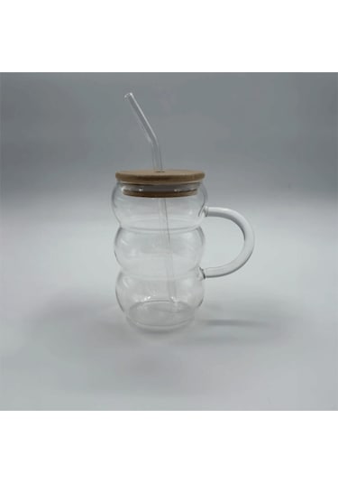 Bubble Kulplu Borosilikat Cam Bardak Isıya Dayanıklı 600 Ml - Bambu Kapaklı Şeffaf