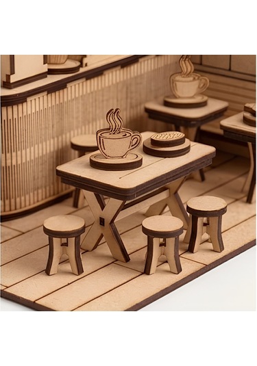 Coffee Shop Ahşap Maket Seti Dıy Miniatür Kafe Peri Led Hediye 214 Parça