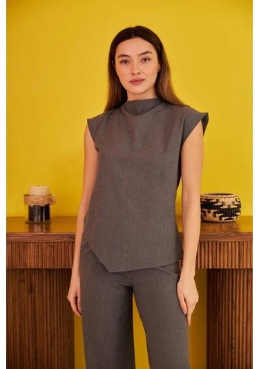 Gri Sıfır Kol Düğmeli Gömlek Takım Gri