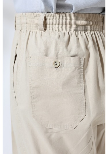 Erkek Krem Rahat Kesim Beli Lastikli Keten Hac Ve Umre Şalvar Pantolon Krem