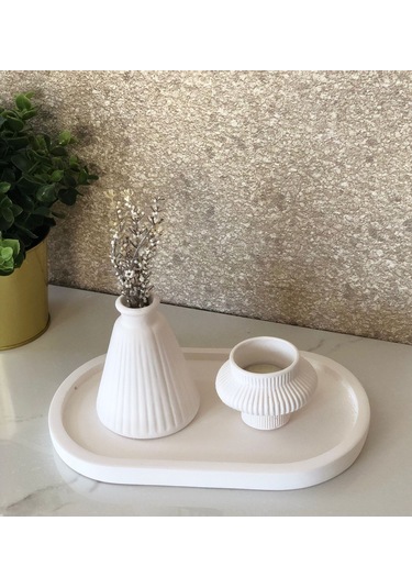 Thiramis Homeconcept Beyaz Tepsi Mini Vazo & Tealight 3lü Set