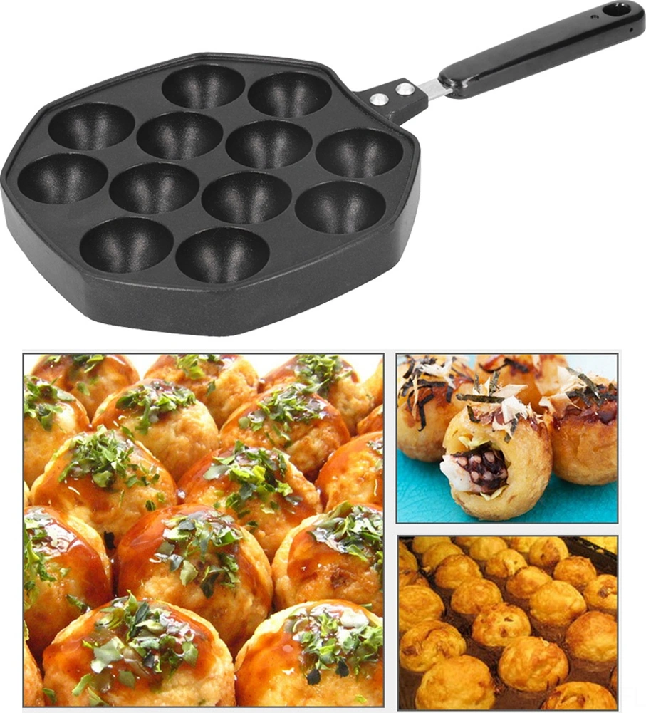 Dofolink Evde Takoyaki Ve Yuvarlak Pancake Yapmak İçin 12 Delikli Aluminyum Fırın Tepsisi, Anti Kaynak Tutamaklı Ve Yağ Tutmayan Kaplama İle Ev Mutfak Araçları Siyah