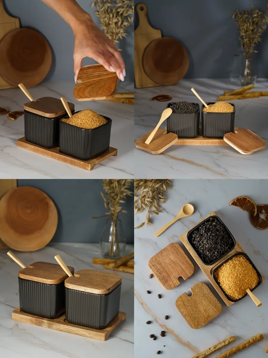 Homehoud Kapaklı Ve Kaşıklı Standlı Şekerlik Ve Tuzluk Seti 259195285 Siyah