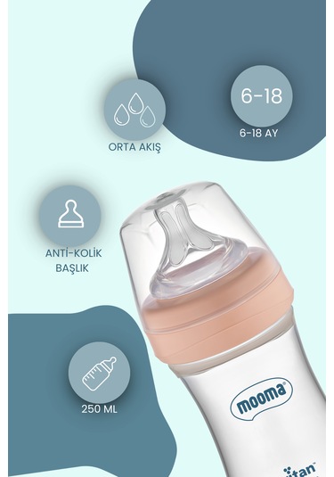 Mooma Neutra Antikolik Tritan Biberon 250 Ml 6-18 Ay Orta Akış Mercan Pembe