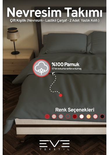 Eve Tekstil %100 Pamuk Ranforce Çarşaflı Yastık Ve Yorgan Kılıflı Çift Kişilik Nevresim Takımı 200x220 Cm Koyu Gri
