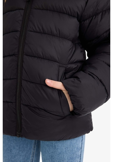 Defacto Kız Çocuk Su İtici Kapüşonlu Fermuarlı Şişme Mont E5406a825aubk27 Siyah