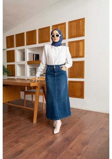 Neways 2254-denim Klasik Etek Koyu Mavi Koyu Mavi