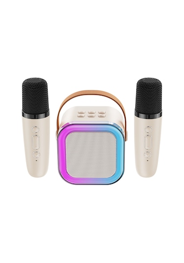 Padalink Mikrofonlu Ev Ve Dış Mekan Bluetooth Hoparlörü - 2 Kablosuz Mikrofon, 6w Güç, 8-10 Saat Çalma Süresi, Bej Renk