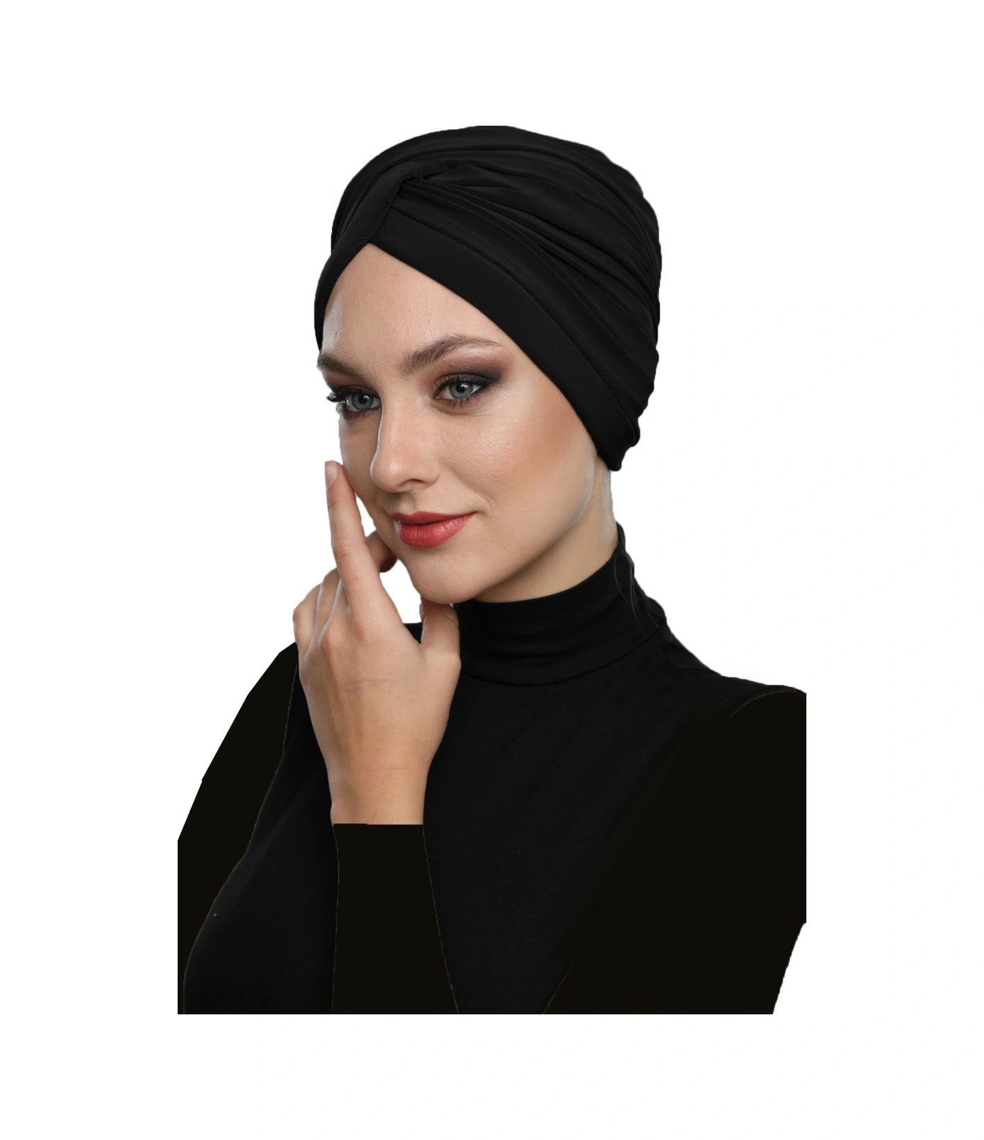 Çapraz W Nervürlü Ensesi Bantlı Siyah Hazır Türban Tesettür Havuz Bonesi Siyah