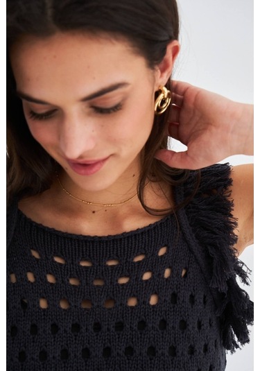 Peraluna Mıyokı Dress %100 Pamuk Diz Hizası Yazlık Kadın Triko El Antrasit