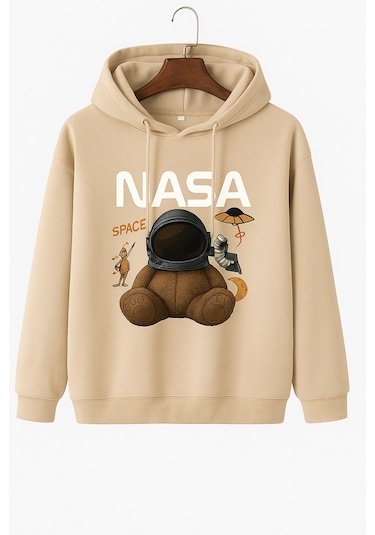 Kokina 3 İplik Penye Unisex Nasa Ayıcık Baskılı Kapüşonlu Sweatshirt Bej