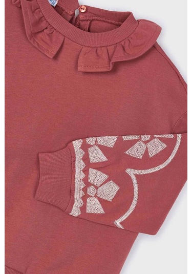 Kız Çocuk Fırfır Yaka Kolları Nakışlı Sweatshirt - Gül Kurusu KREM