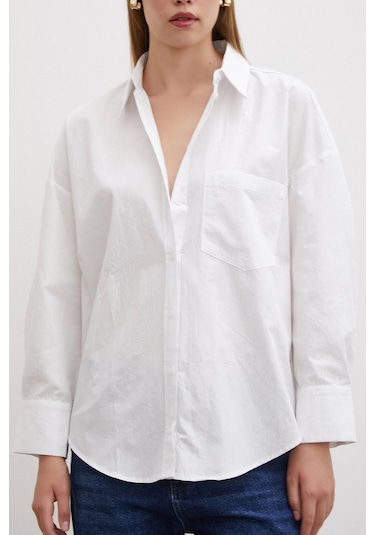 Never More Varaklı Poplin Gömlek Beyaz Beyaz