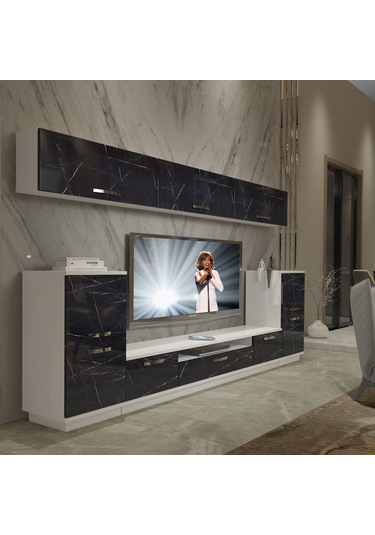 Decoraktiv Trendstyle 9 Mdf Tv Ünitesi Tv Sehpası Beyaz - Siyah Mermer