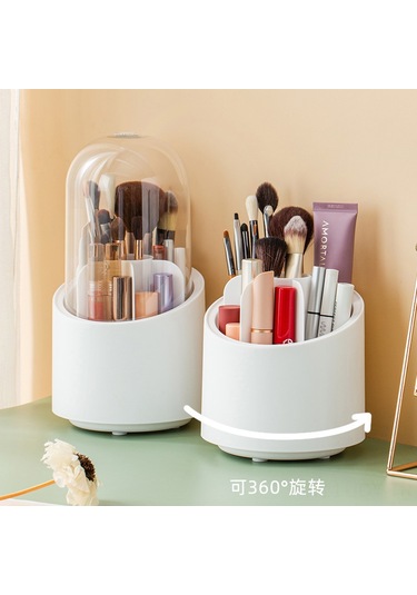 Youmex Kabartmalı 360 Döner Makyaj Fırça Saklama Kutusu - Toz Koruyucu Kapaklı, Dolap Üstü Kalem/ Göz Farı Fırçası Organizer, Modern Beyaz Beyaz