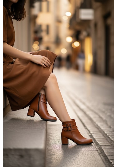 Kadın Hermina Çift Tokalı Kısa Bot Taba Deri