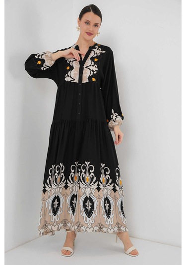 Gabria Ön Düğmeli Desenli Viskon Elbise Siyah - Taş