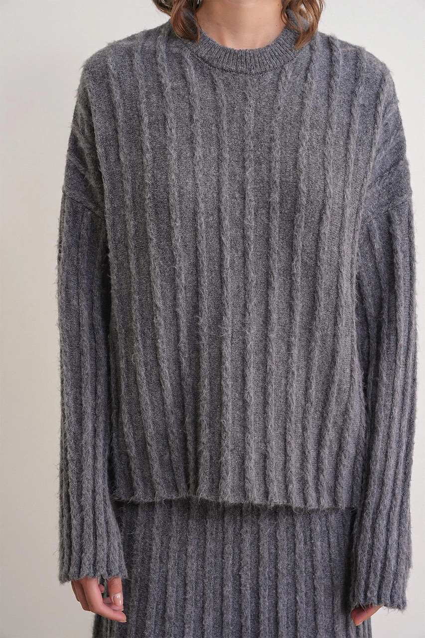 6960 Kadın Saç Örgülü Yumuşak Dokulu Triko Alt Üst Takım Antrasit Antrasit