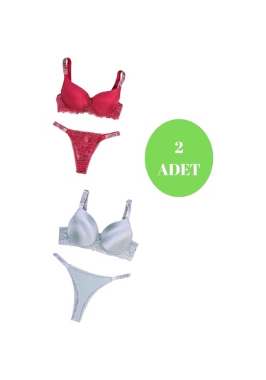 Murays Kadın 2 Li Taşlı Sütyen Takım Kırmızı/yeşil