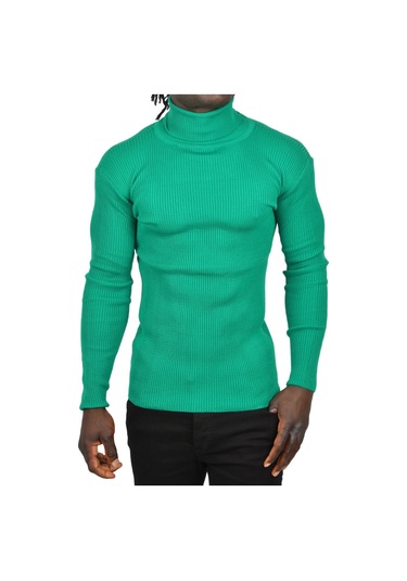 Deepsea Erkek Yeşil İnce Fitilli Tam Boğazlı Balıkçı Yaka Tüylenmeyen Triko Kazak 2505498 Yeşil