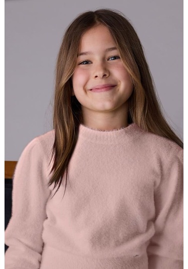 Kız Çocuk Balon Kol Yumuşak Dokulu Triko Kazak - Pudra Pembe Mavi