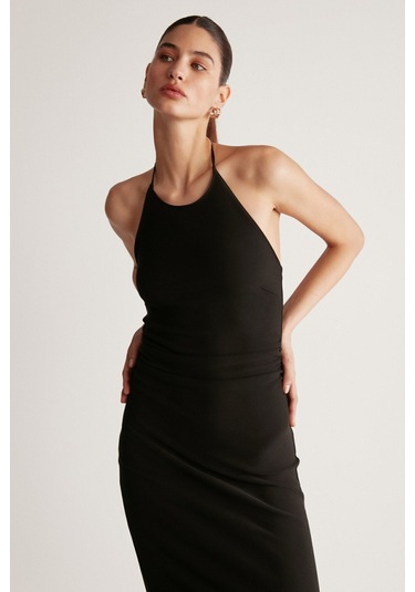 Andıe Kadın Dokuma Krep Kumaşlı Bodycon Vücüdu Saran Boyundan Bağlamalı Siyah Elbise